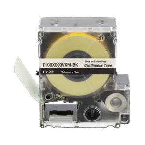 Casete de Etiquetas de Vinilo de Cinta Continua, Color Negro Sobre Amarillo, Uso Interior/Exterior, 24 mm (1 in) de Ancho x 7 m (23 ft) de Largo