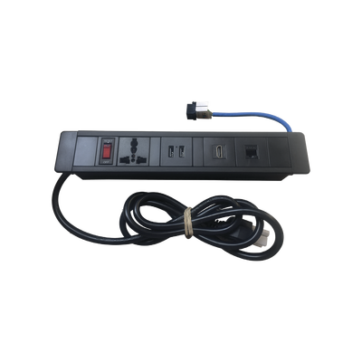 Hub para escritorio color negro, con 1 Puerto HDMI Hembra-Hembra, 1 Conector RJ45 Cat6, 2 Puertos USB 5V DC /2 A, y 1 Contacto eléctrico universal (11100-00001)