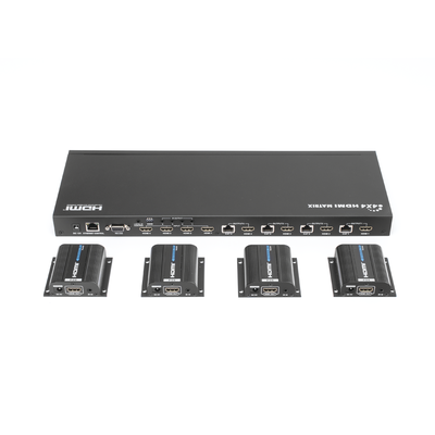 MATRICIAL Y EXTENSOR DE VIDEO HDMI 4 x 4 / 4 Entradas HDMI / 4 Salidas HDMI Loop / 4 Salidas RJ45 para Extender la señal 40 metros por salida / 1080 @ 60Hz / Conmutación por RS232, Control Remoto o Ethernet.