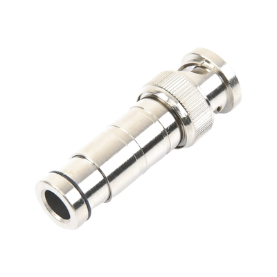 Conector BNC Macho en 75 Ohm, de Compresión Axial para Cable Coaxial RG-59/U, Níquel/ Oro/ Politetrafluoroetileno.