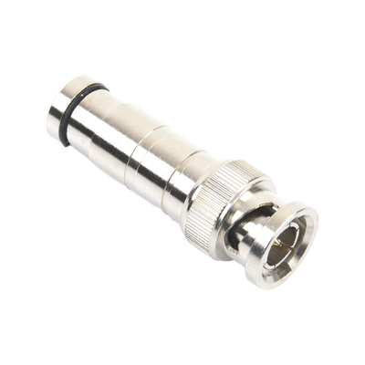 Conector BNC Macho en 75 Ohm, de Compresión Axial para Cable Coaxial RG-59/U, Níquel/ Oro/ Politetrafluoroetileno.