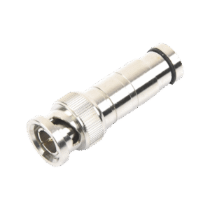 Conector BNC Macho en 75 Ohm, de Compresión Axial para Cable Coaxial RG-59/U, Níquel/ Oro/ Politetrafluoroetileno.