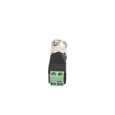 Adaptador de conector BNC macho a 2 terminales-tornillo para cables AWG-26-14, en aplicaciones Video Vigilancia, Níquel/ Oro/ PTFE y PVC.