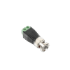 Adaptador de conector BNC macho a 2 terminales-tornillo para cables AWG-26-14, en aplicaciones Video Vigilancia, Níquel/ Oro/ PTFE y PVC.