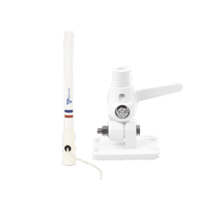 Antena marina VHF en fibra de vidrio en rango de 156 a 163 MHz con 4.5 metros de cable, Incluye: montaje de trinquete de nylon y conector PL-259 macho.