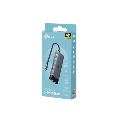 Adaptador HUB 6 en 1, 1 puerto USB-C entrada, 1 puerto HDMI 4K, 1 puerto Ethernet Gigabit, 1 puerto USB-C y 2 puertos USB-A