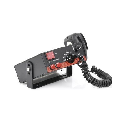 Sirena Vehicular de 100W de Potencia, Con Switch Giratorio de 6 posiciones, Micrófono de Uso Rudo e Interconexión a Radio Sirena Vehicular de 100W de Potencia, Con Switch Giratorio de 6 posiciones, Micrófono de Uso Rudo e Interconexión a Radio