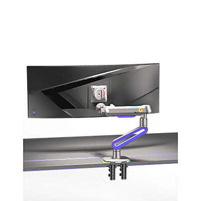Montaje de Escritorio Ideal Para Monitores Gaming de 32"- 60" / Capacidad de Carga Maxima 20 Kg / Vesa 75 x 75 - 100 x 100 / Acero / Giro 360° / Color Carbon Mate con Cubierta Plastica Color Morado / Iluminación RGB