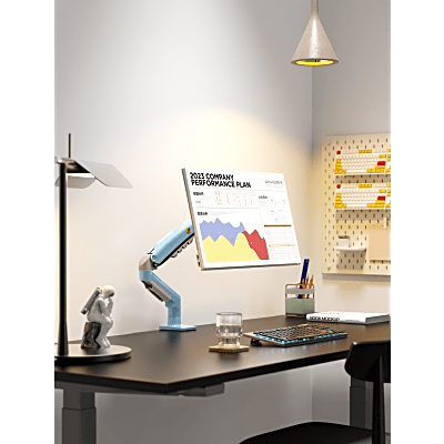Brazo Ajustable para Monitor Ergonómico / Compatible con Monitores de 17" - 30" / Capacidad de Peso hasta 9 kg / Rotación 360° / Inclinación +85° a -30° / Giro 180° / Ajuste de Resorte de Gas / Color Azul