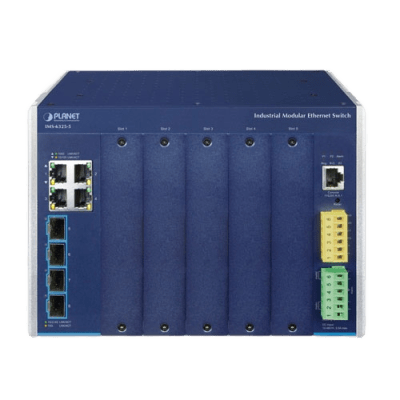 Switch Modular Industrial Capa 3 / 5 Slots / 4 Puertos Gigabit RJ45 / 4 Puertos SFP+ 10G / Rango de Temperatura -40~75°C / Entrada de Potencia Redundante 12-48V / Soporte IPv6/IPv4 Switch Modular Industrial Capa 3 / 5 Slots / 4 Puertos Gigabit RJ45 / 4 Puertos SFP+ 10G / Rango de Temperatura -40~75°C / Entrada de Potencia Redundante 12-48V / Soporte IPv6/IPv4