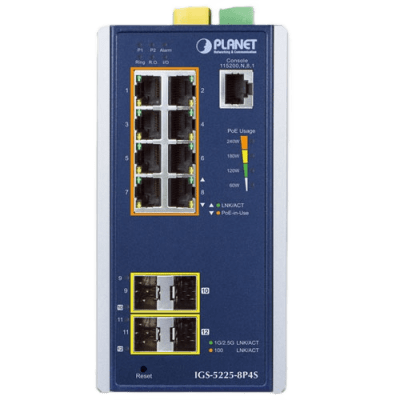 Switch Industrial Administrable Capa2, 8 Puertos Gigabit con PoE+ 802.3at, 2 Puertos SFP de 100/1G y 2 Puertos SFP de 100/1G/2.5G Switch Industrial Administrable Capa2, 8 Puertos Gigabit con PoE+ 802.3at, 2 Puertos SFP de 100/1G y 2 Puertos SFP de 100/1G/2.5G