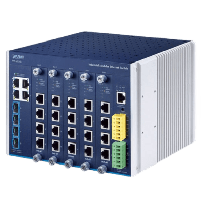 Switch Modular Industrial Capa 3 / 5 Slots / 4 Puertos Gigabit RJ45 / 4 Puertos SFP+ 10G / Rango de Temperatura -40~75°C / Entrada de Potencia Redundante 12-48V / Soporte IPv6/IPv4 Switch Modular Industrial Capa 3 / 5 Slots / 4 Puertos Gigabit RJ45 / 4 Puertos SFP+ 10G / Rango de Temperatura -40~75°C / Entrada de Potencia Redundante 12-48V / Soporte IPv6/IPv4