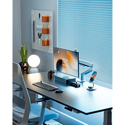 Brazo Ajustable para Monitor Ergonómico / Compatible con Monitores de 17" - 30" / Capacidad de Peso hasta 9 kg / Rotación 360° / Inclinación +85° a -30° / Giro 180° / Ajuste de Resorte de Gas / Color Azul