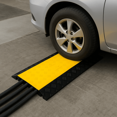 Protector de Cable de 3 Canales / Base de Goma y Tapa de Plástico / Tamaño del Canal 56x55MM / Capacidad de Carga 6.1 Toneladas / Longitud 90 cm / Ancho del Contorno 50 cm / Altura 7.5 cm / Color Amarillo-Negro / Material Hule