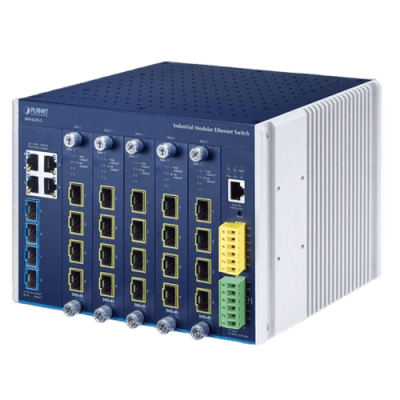 Switch Modular Industrial Capa 3 / 5 Slots / 4 Puertos Gigabit RJ45 / 4 Puertos SFP+ 10G / Rango de Temperatura -40~75°C / Entrada de Potencia Redundante 12-48V / Soporte IPv6/IPv4 Switch Modular Industrial Capa 3 / 5 Slots / 4 Puertos Gigabit RJ45 / 4 Puertos SFP+ 10G / Rango de Temperatura -40~75°C / Entrada de Potencia Redundante 12-48V / Soporte IPv6/IPv4
