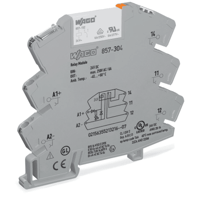 Módulo con Relé WAGO 857-304 / Tensión Nominal 24 VCC / 1 Inversor / Corriente Permanente Límite 6 A / Indicador de Estado LED Amarillo / Ancho de Montaje 6 mm / Material Poliamida (PA 66) / IP20 / Aislamiento Reforzado