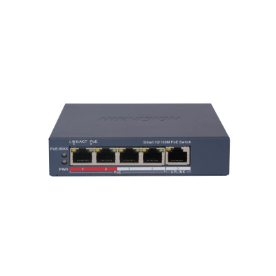 Switch Monitoreable PoE+ / 4 puertos 100 Mbps PoE+ / 1 Puerto 100 Mbps Uplink / PoE hasta 250 Metros / 60 Watts / Conexión Remota desde Hik-PartnerPro