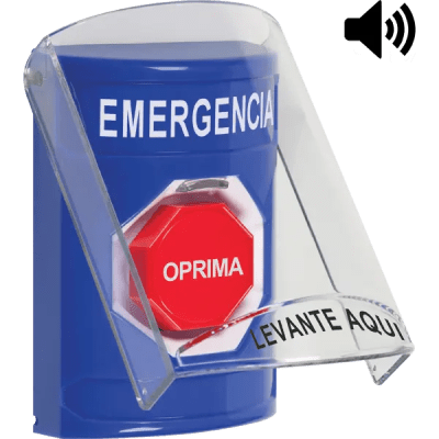 Botón Multipropósito, Color Azul, De Superficie, Con Tapa De Policarbonato, Con Bocina Pre Alarma, Solo Interior, Llave Para Restablecer, Texto De Emergencia, Español Botón Multipropósito, Color Azul, De Superficie, Con Tapa De Policarbonato, Con Bocina Pre Alarma, Solo Interior, Llave Para Restablecer, Texto De Emergencia, Español