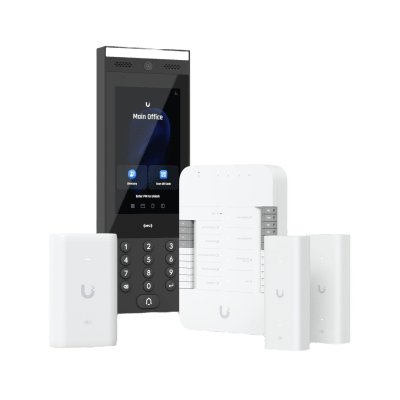 Kit de Inicio para Control de Puerta Vehicular / Intercomunicador / Desbloqueo NFC, QR, PIN, app móvil, solicitud de apertura a contacto de agenda, reconocimiento de Placas (al emparejar con una cámara UniFi AI) / Incluye HUB, Intercom, Adap