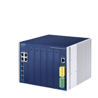 Switch Modular Industrial Capa 3 / 5 Slots / 4 Puertos Gigabit RJ45 / 4 Puertos SFP+ 10G / Rango de Temperatura -40~75°C / Entrada de Potencia Redundante 12-48V / Soporte IPv6/IPv4 Switch Modular Industrial Capa 3 / 5 Slots / 4 Puertos Gigabit RJ45 / 4 Puertos SFP+ 10G / Rango de Temperatura -40~75°C / Entrada de Potencia Redundante 12-48V / Soporte IPv6/IPv4