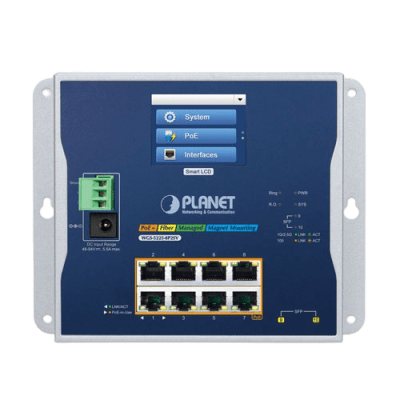 Switch Industrial Flat-Type 8 Puertos Gigabit C/PoE 802.3at, 2 Puertos SFP, LCD