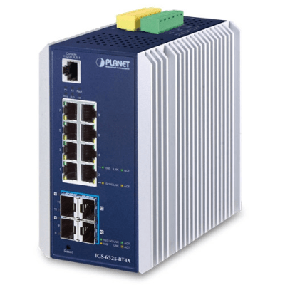 Switch Ethernet Gestionado Capa 3 Industrial DIN-rail / Red Extendida de 10G para Fábricas y Áreas Metropolitanas / 8 Puertos RJ45 10/100/1000BASE-T / 4 Puertos SFP+ 10GBASE-SR/LR / Temp. Operativa -40 a 75 grados C / Protección ESD a Switch Industrial Administrable Capa 3, 8 Puertos Ethernet 10/100/1000T, 4 Puertos SFP 10 G
